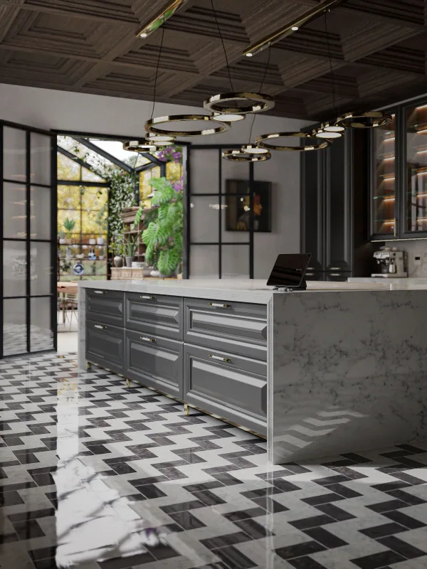 Abitare in stile britannico – cucina con isola e serra 1